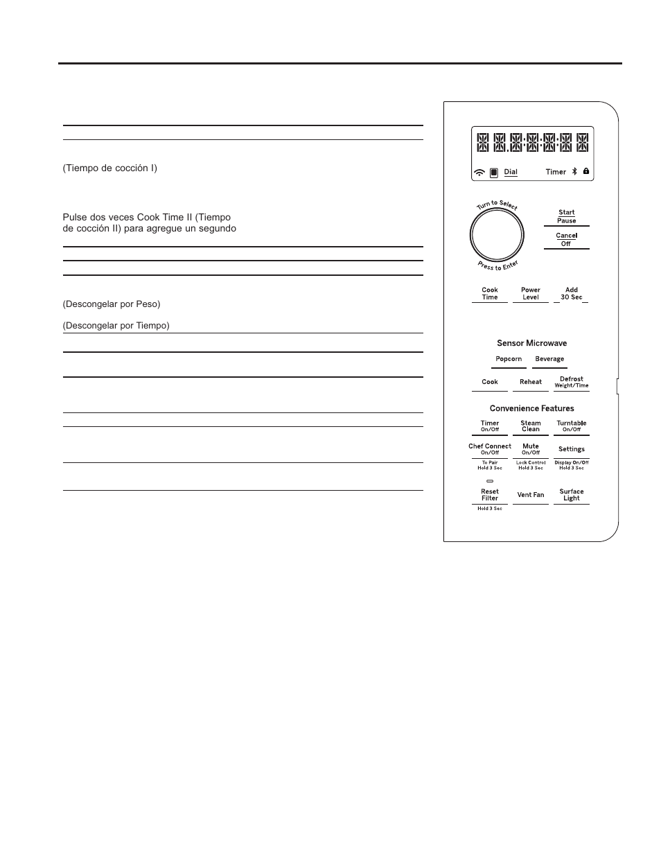 Controles uso del horno: controles | GE 30 Inch Over-the-Range Microwave Owners Guide User Manual | Page 36 / 54