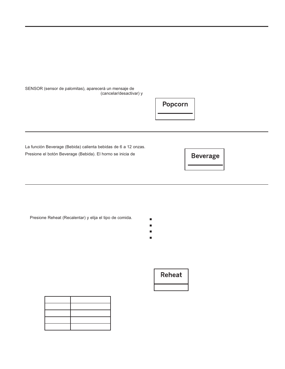 Popcorn (rosetas o palomitas de maíz), Reheat (recalentar), Beverage (bebida) | GE 30 Inch Over-the-Range Microwave Owners Guide User Manual | Page 42 / 54