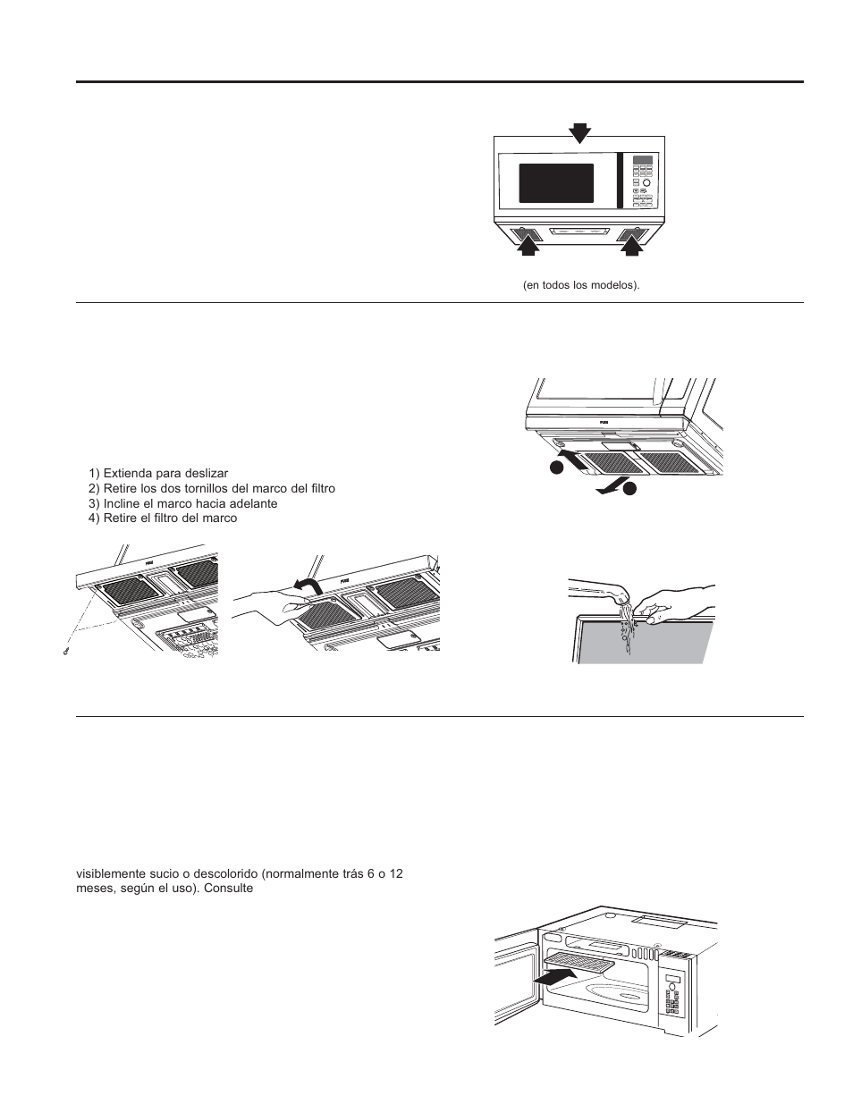 La función de extractor la función de extractor, Ventilador extractor, Filtros de carbón vegeta | Filtros de ventilación reusables, Reemplazo del filtro de carbón | GE 30 Inch Over-the-Range Microwave Owners Guide User Manual | Page 50 / 54