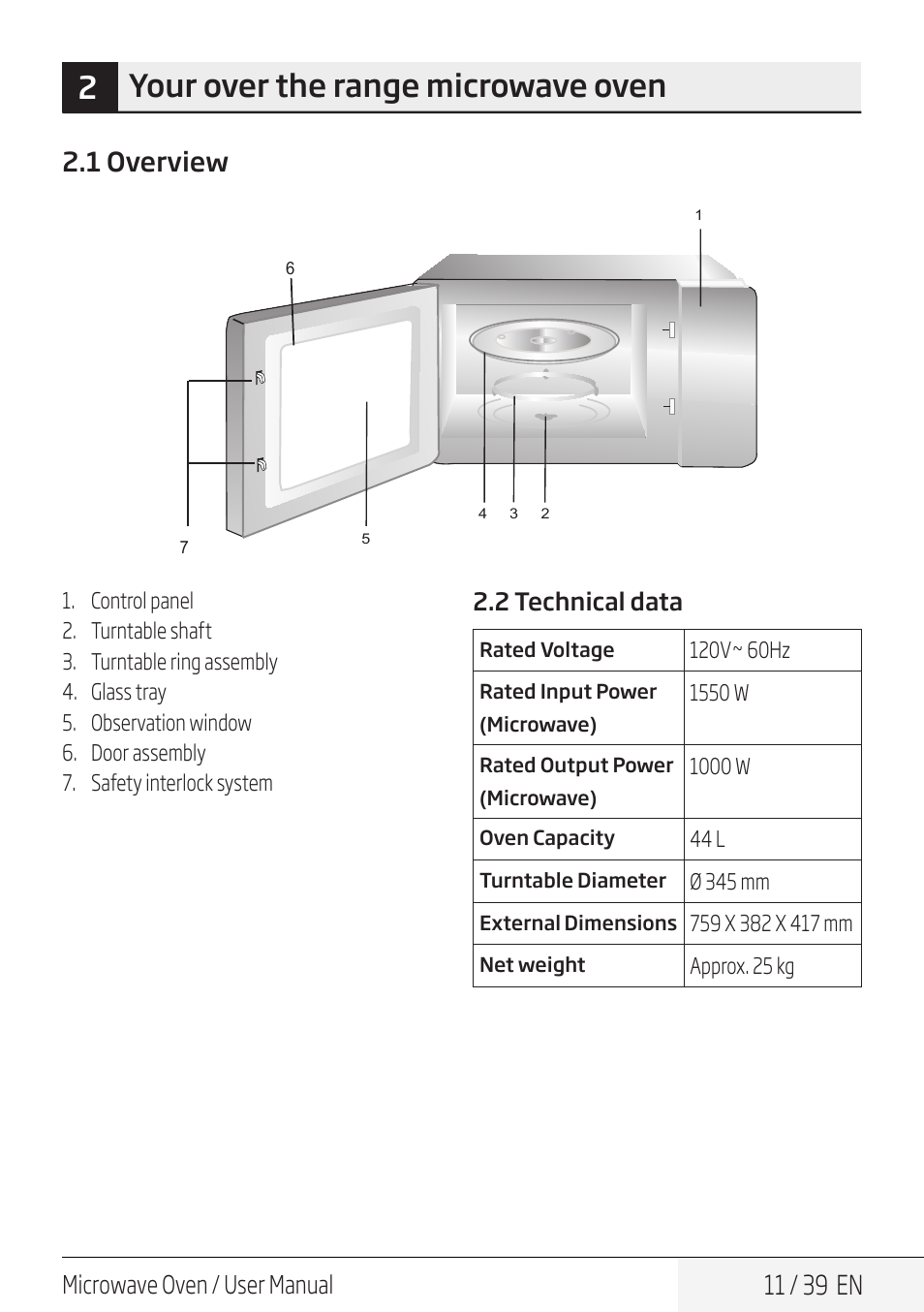 2your over the range microwave oven, 11 / 39 en, 1 overview | Microwave oven / user manual | Beko 30 Inch Over the Range Microwave Owner Manual User Manual | Page 11 / 40