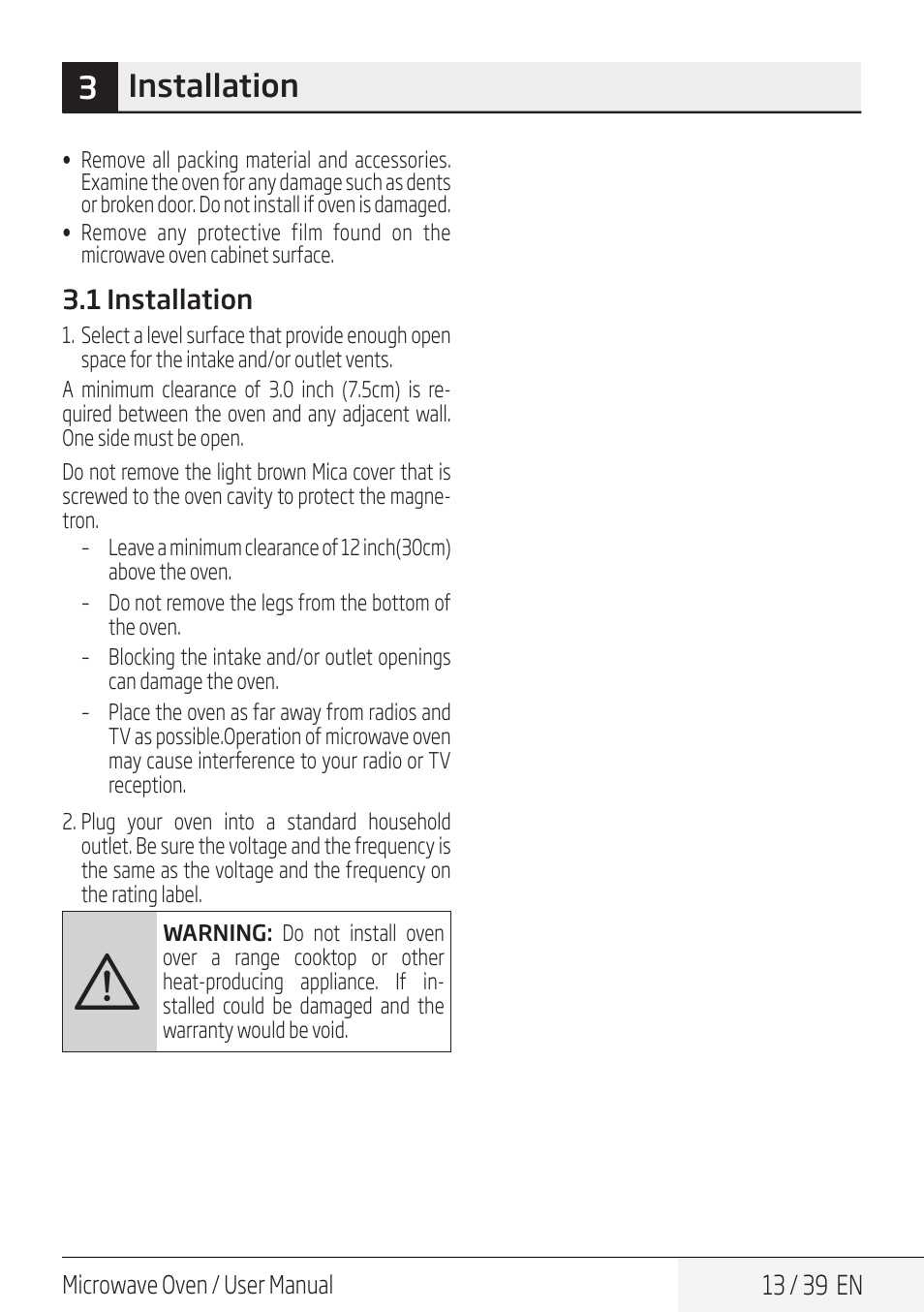 3installation | Beko 30 Inch Over the Range Microwave Owner Manual User Manual | Page 13 / 40