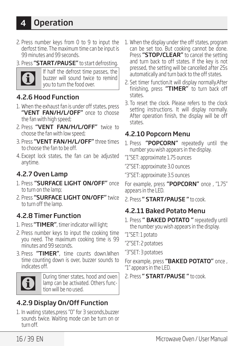 4operation | Beko 30 Inch Over the Range Microwave Owner Manual User Manual | Page 16 / 40