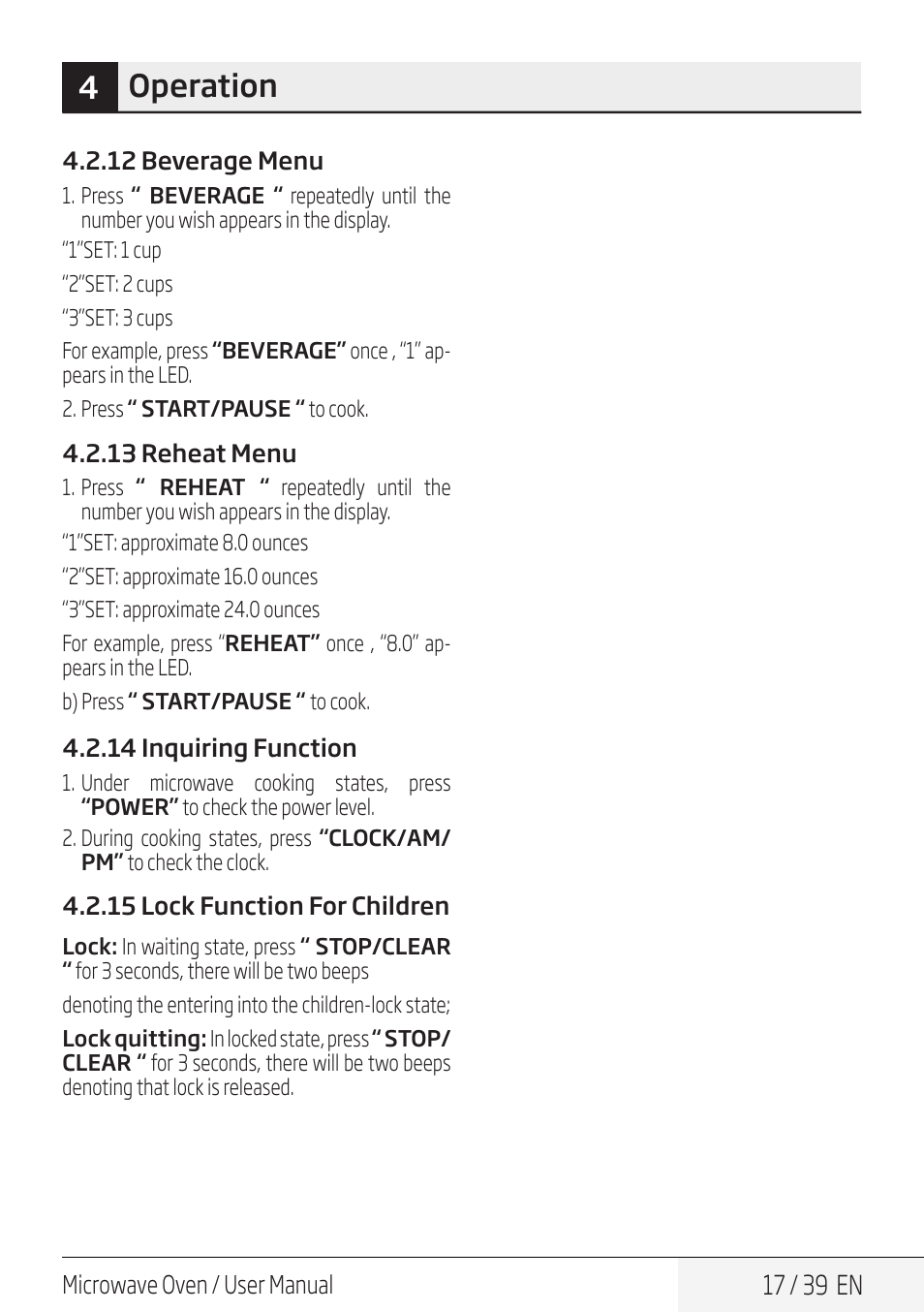 4operation | Beko 30 Inch Over the Range Microwave Owner Manual User Manual | Page 17 / 40