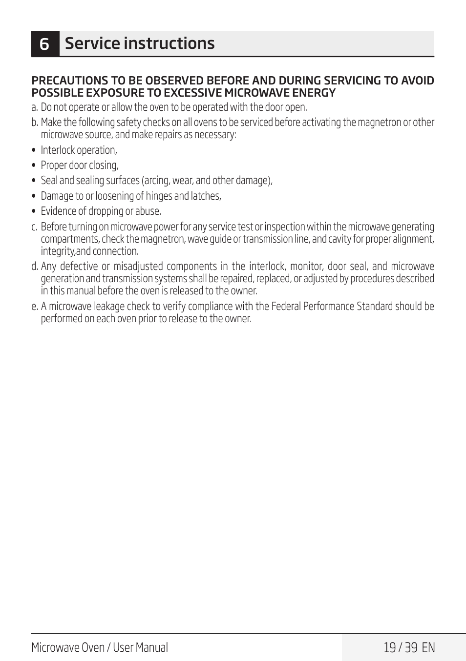6service instructions | Beko 30 Inch Over the Range Microwave Owner Manual User Manual | Page 19 / 40