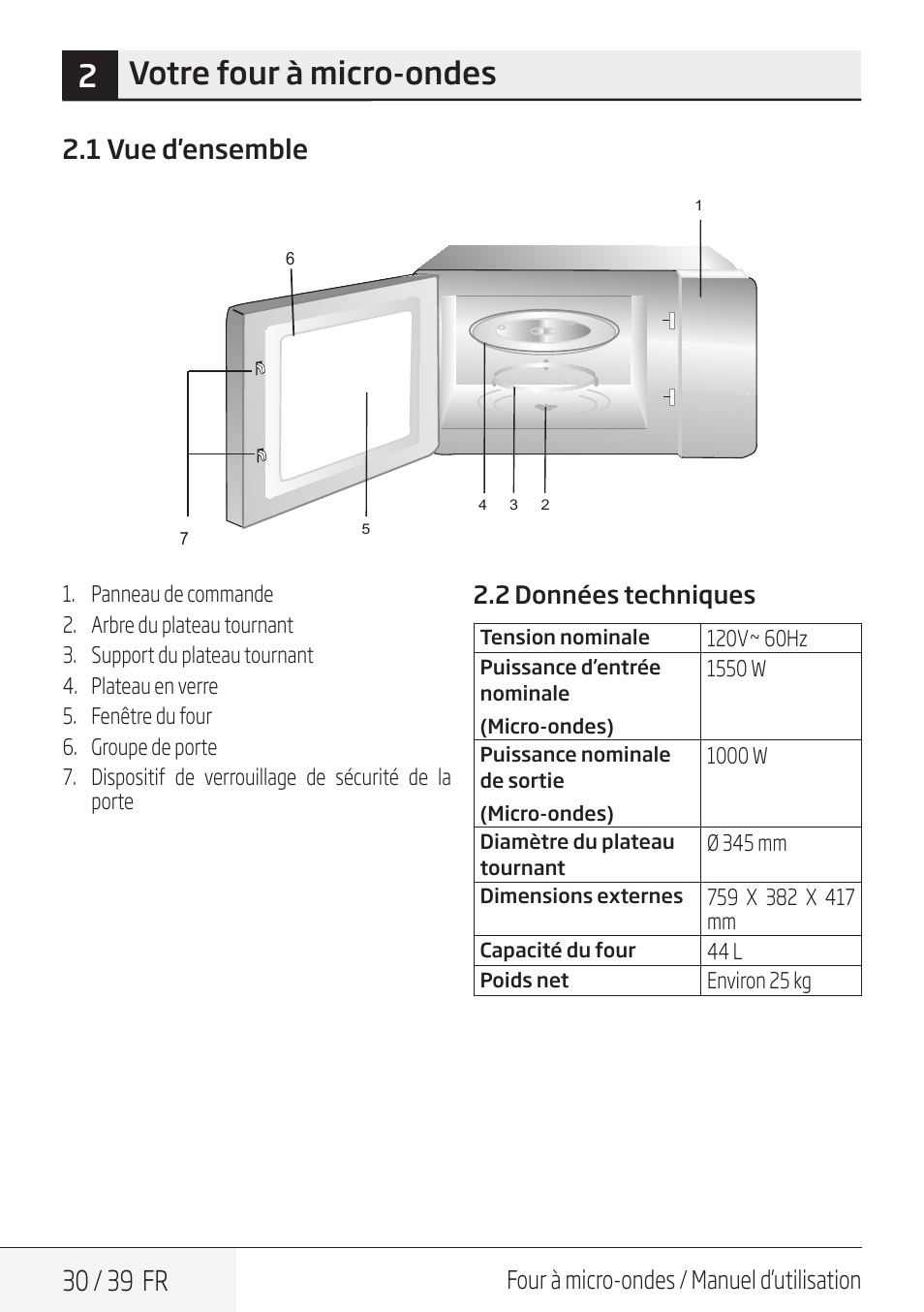 2votre four à micro-ondes, 30 / 39 fr, 1 vue d'ensemble | Four à micro-ondes / manuel d’utilisation, 2 données techniques | Beko 30 Inch Over the Range Microwave Owner Manual User Manual | Page 30 / 40