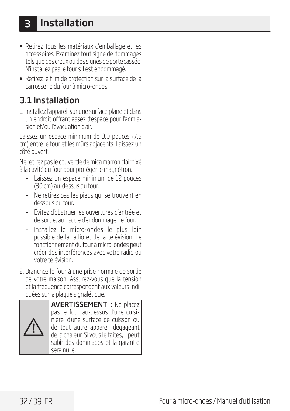 3installation, 32 / 39 fr | Beko 30 Inch Over the Range Microwave Owner Manual User Manual | Page 32 / 40