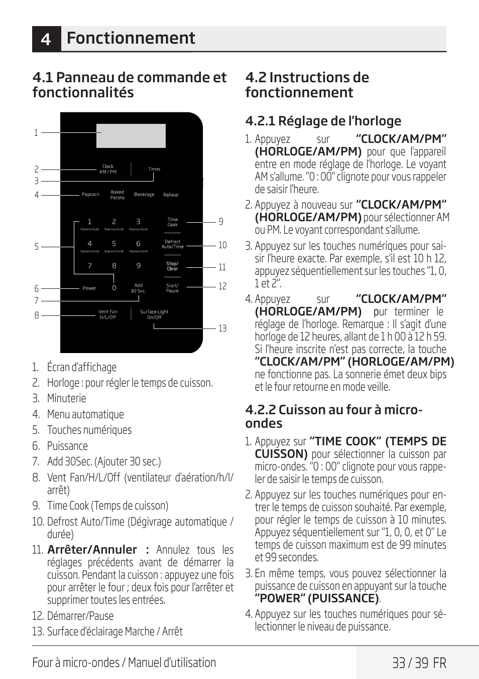 4fonctionnement, 33 / 39 fr, 1 panneau de commande et fonctionnalités | 2 instructions de fonctionnement | Beko 30 Inch Over the Range Microwave Owner Manual User Manual | Page 33 / 40