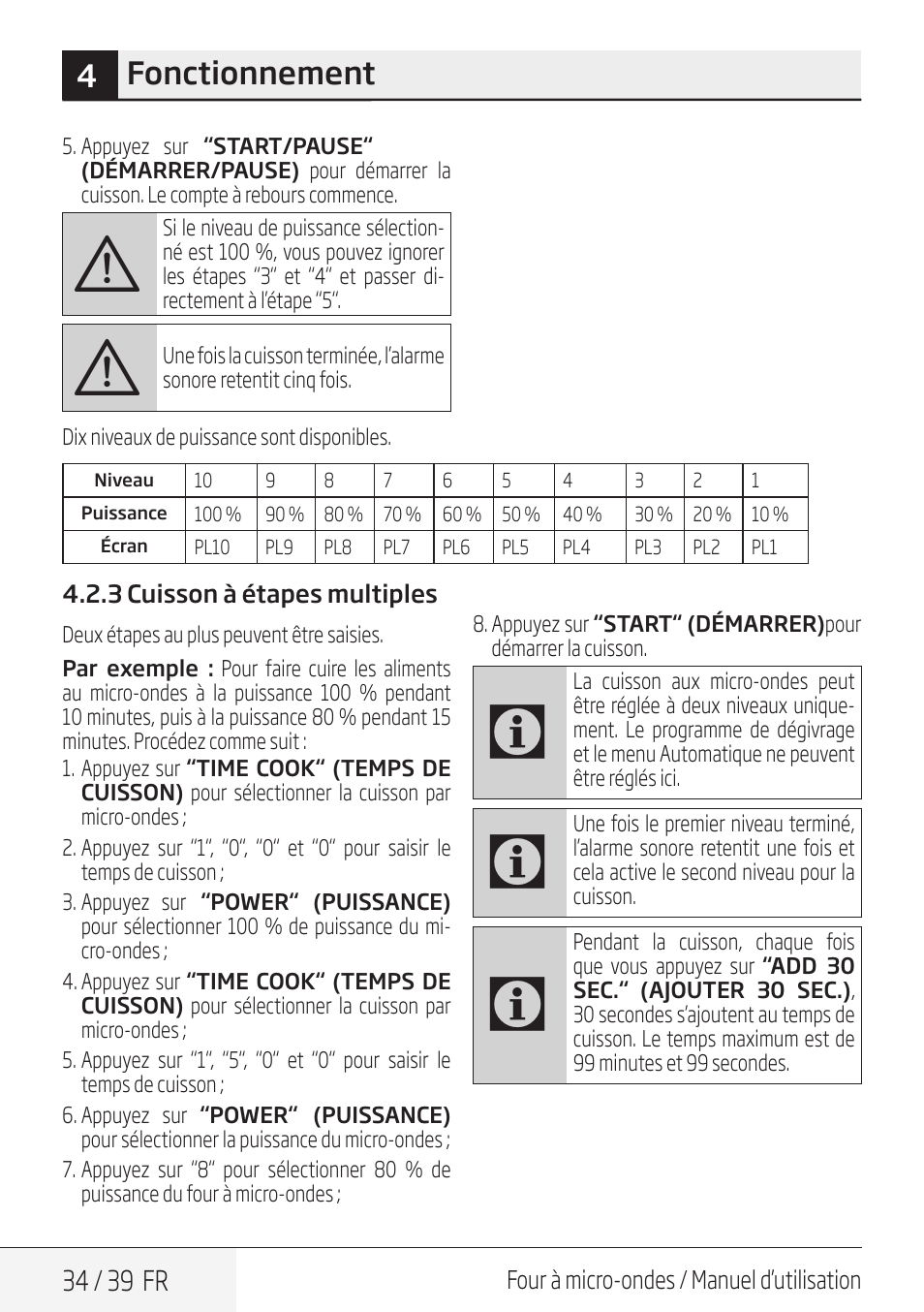 4fonctionnement, 34 / 39 fr | Beko 30 Inch Over the Range Microwave Owner Manual User Manual | Page 34 / 40