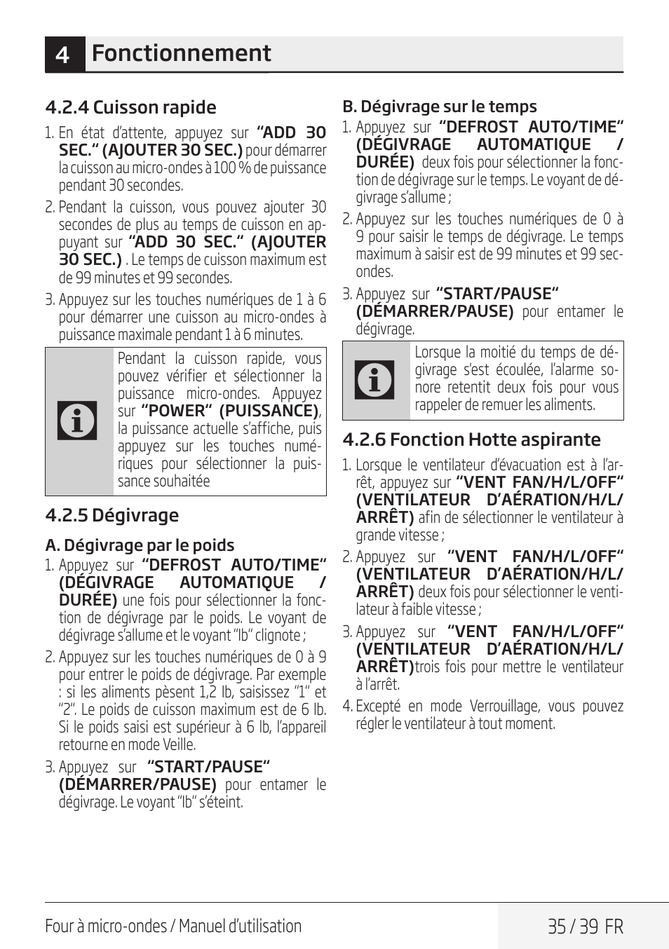 4fonctionnement, 35 / 39 fr | Beko 30 Inch Over the Range Microwave Owner Manual User Manual | Page 35 / 40