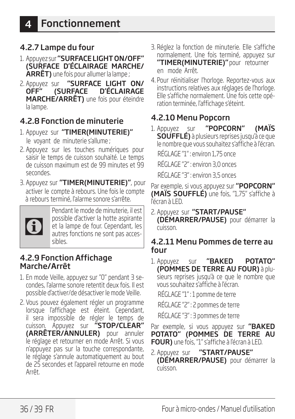 4fonctionnement, 36 / 39 fr | Beko 30 Inch Over the Range Microwave Owner Manual User Manual | Page 36 / 40