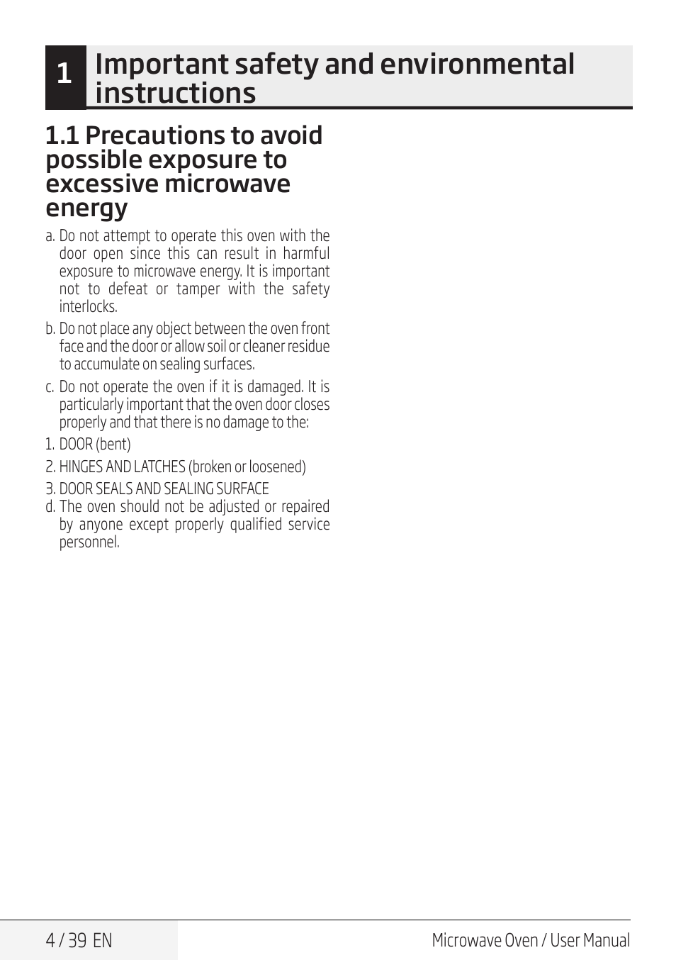 1important safety and environmental instructions | Beko 30 Inch Over the Range Microwave Owner Manual User Manual | Page 4 / 40