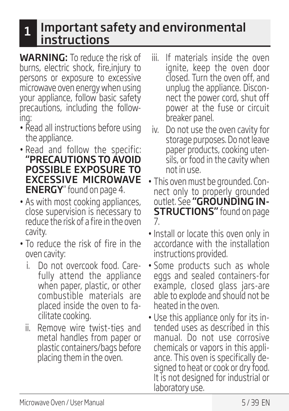 1important safety and environmental instructions | Beko 30 Inch Over the Range Microwave Owner Manual User Manual | Page 5 / 40