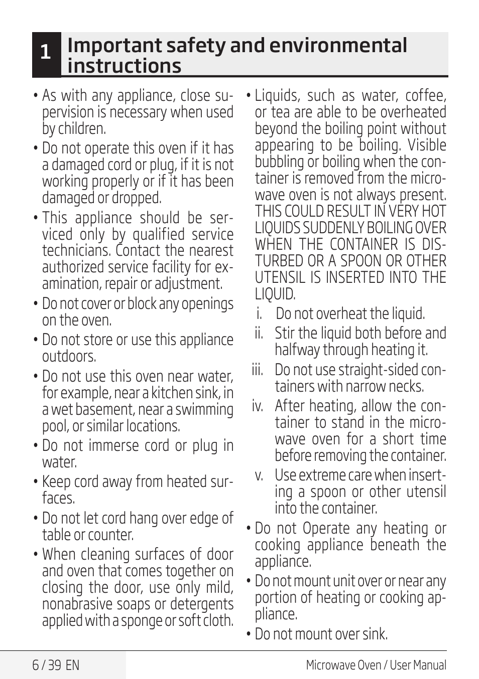 1important safety and environmental instructions | Beko 30 Inch Over the Range Microwave Owner Manual User Manual | Page 6 / 40