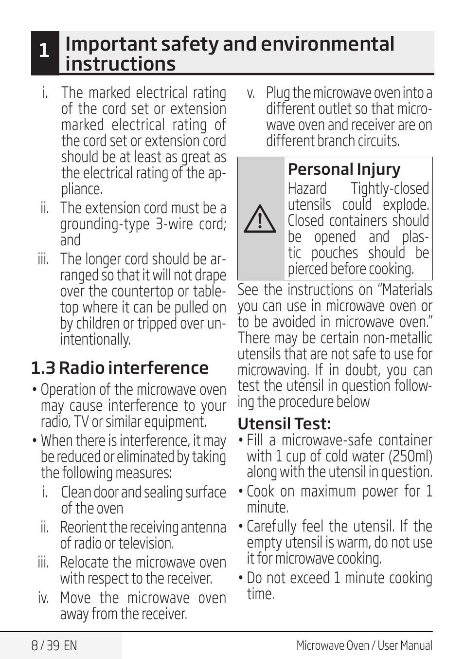 1important safety and environmental instructions | Beko 30 Inch Over the Range Microwave Owner Manual User Manual | Page 8 / 40