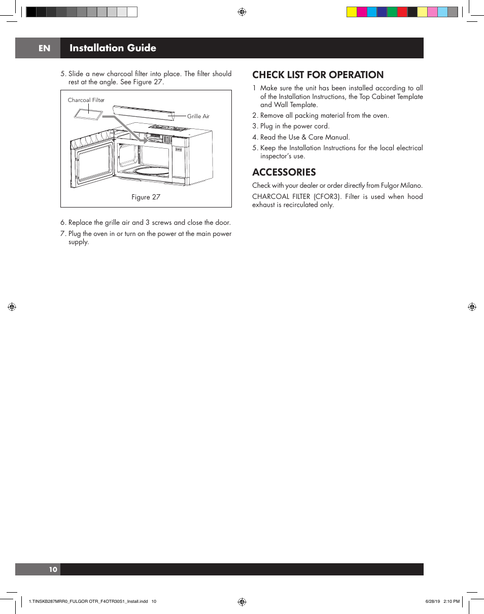 Check list for operation, Accessories, Installation guide | Fulgor Milano 30 Inch Over-the-Range Microwave Oven Installation Guide User Manual | Page 10 / 24