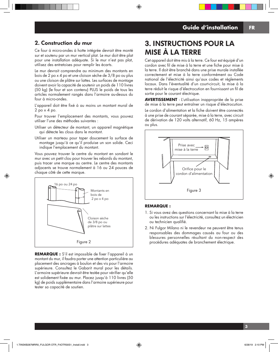 Instructions pour la mise à la terre, Construction du mur, Installation guide | Guide d’installation | Fulgor Milano 30 Inch Over-the-Range Microwave Oven Installation Guide User Manual | Page 13 / 24