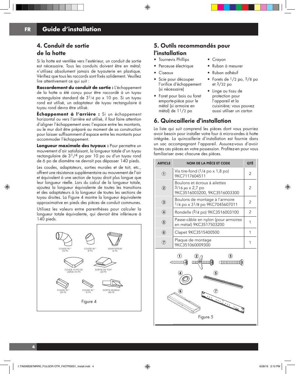 Conduit de sortie de la hotte, Outils recommandés pour l’installation, Quincaillerie d’installation | Installation guide, Guide d’installation | Fulgor Milano 30 Inch Over-the-Range Microwave Oven Installation Guide User Manual | Page 14 / 24
