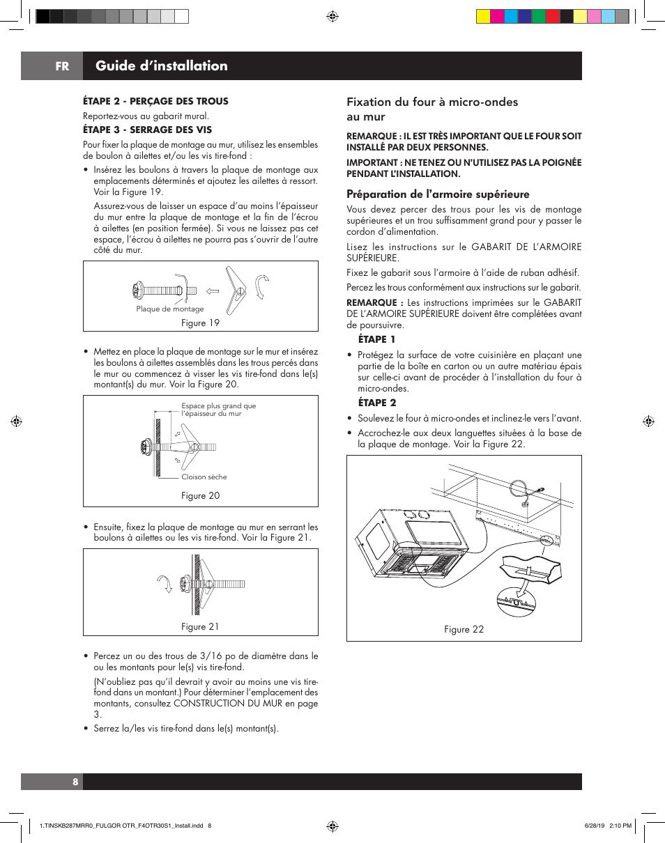 Installation guide, Guide d’installation, Fixation du four à micro-ondes au mur | Préparation de l’armoire supérieure | Fulgor Milano 30 Inch Over-the-Range Microwave Oven Installation Guide User Manual | Page 18 / 24