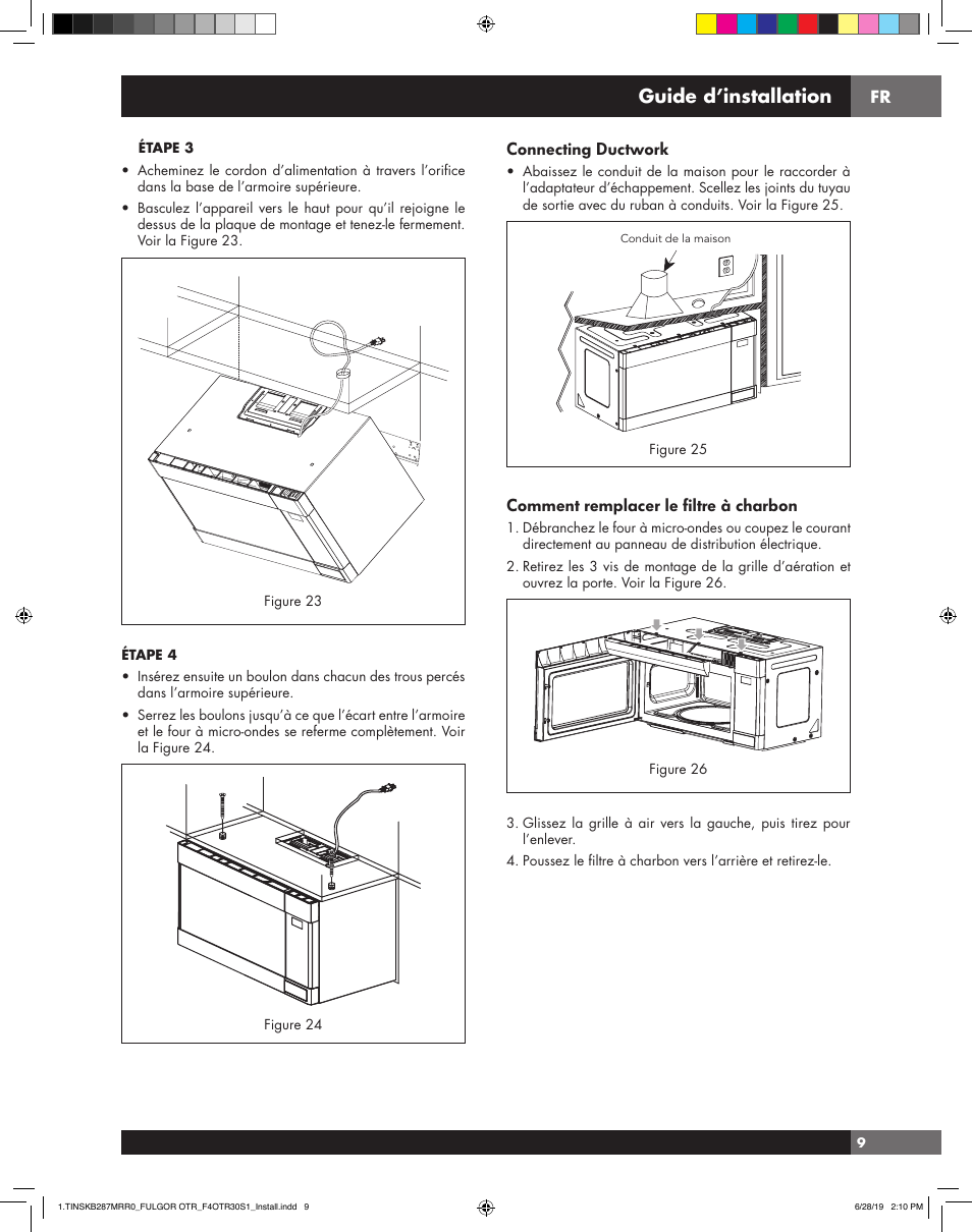 Installation guide, Guide d’installation, Connecting ductwork | Comment remplacer le filtre à charbon | Fulgor Milano 30 Inch Over-the-Range Microwave Oven Installation Guide User Manual | Page 19 / 24