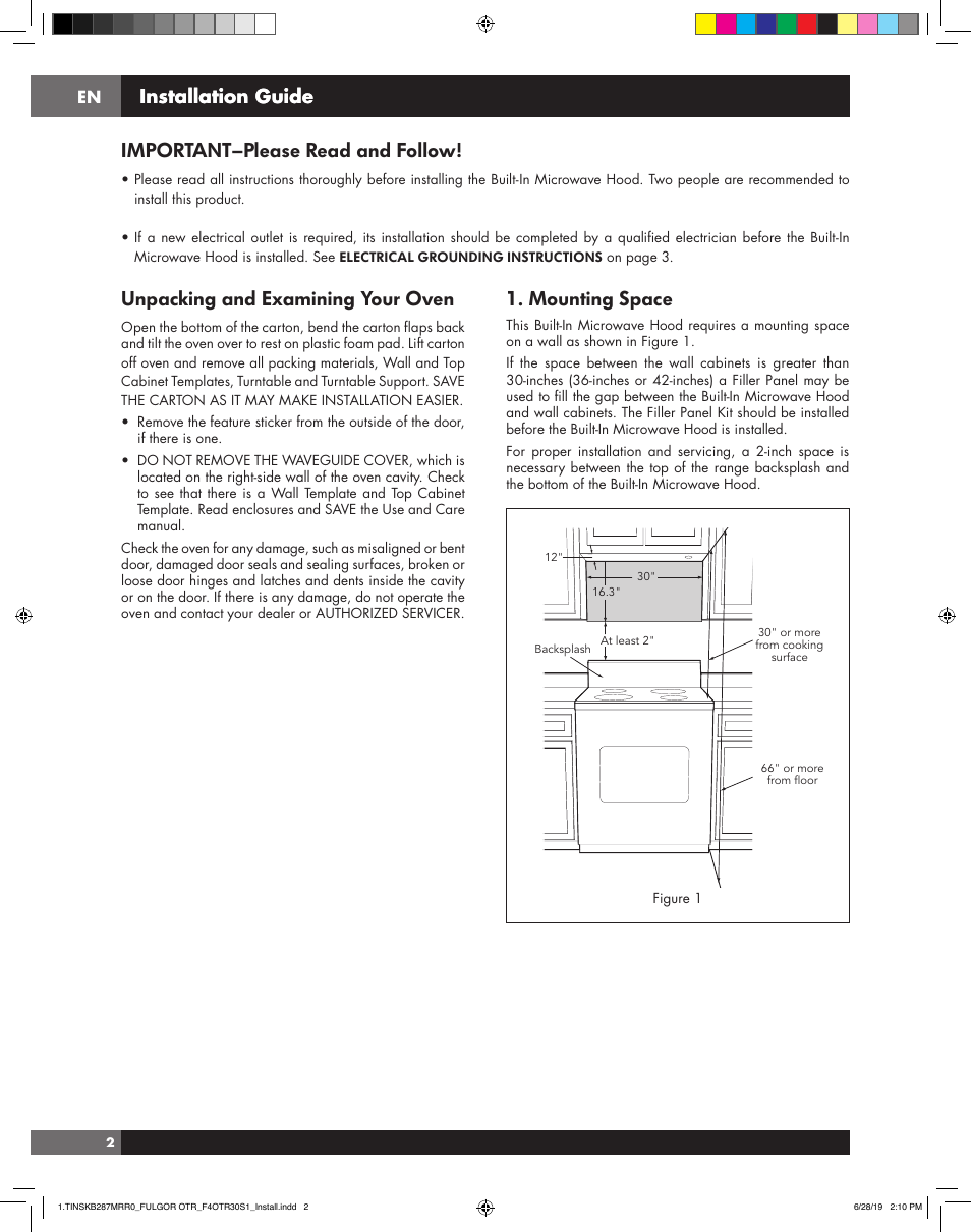 Important–please read and follow, Unpacking and examining your oven, Mounting space | Installation guide | Fulgor Milano 30 Inch Over-the-Range Microwave Oven Installation Guide User Manual | Page 2 / 24