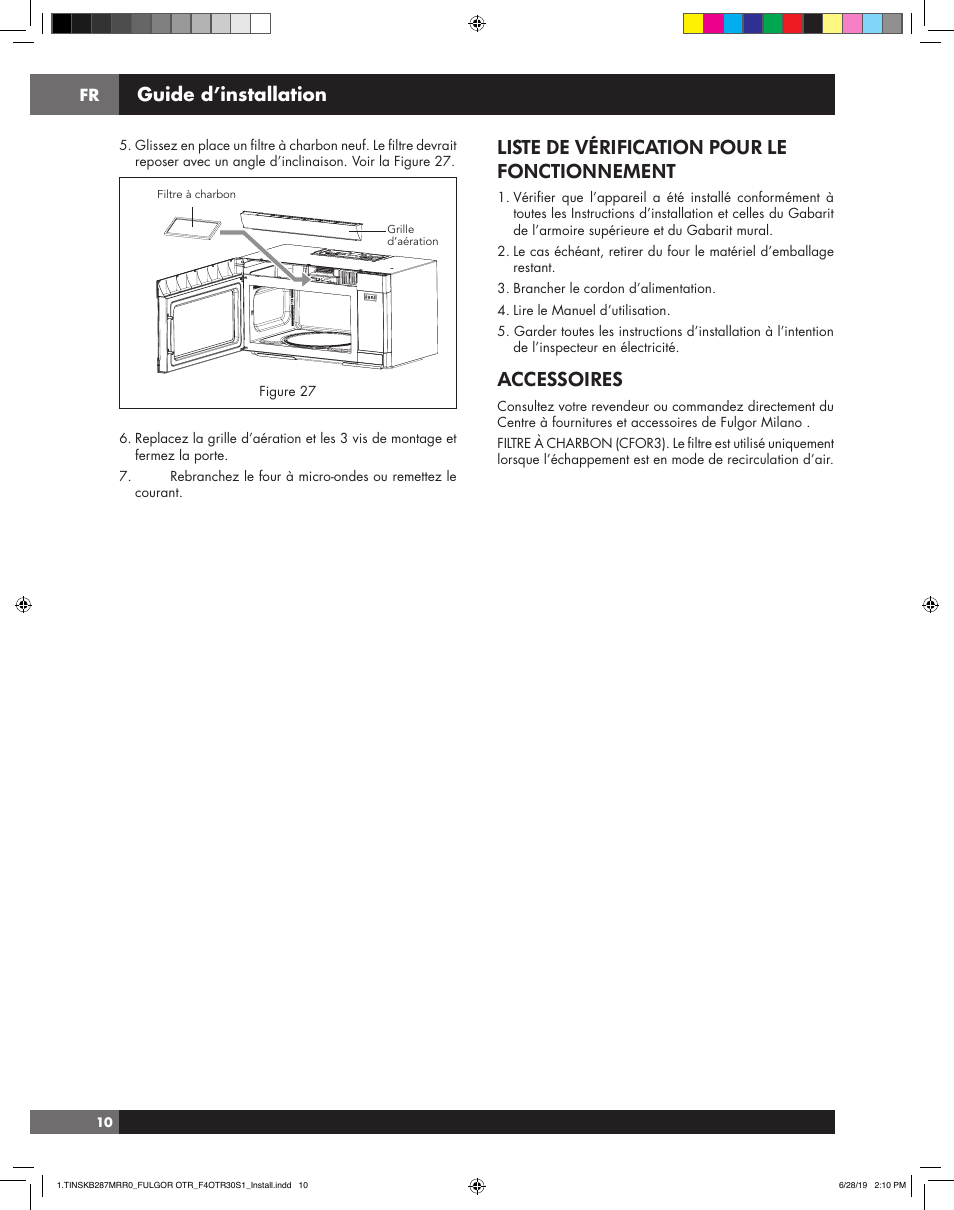 Liste de vérification pour le fonctionnement, Accessoires, Installation guide | Guide d’installation | Fulgor Milano 30 Inch Over-the-Range Microwave Oven Installation Guide User Manual | Page 20 / 24