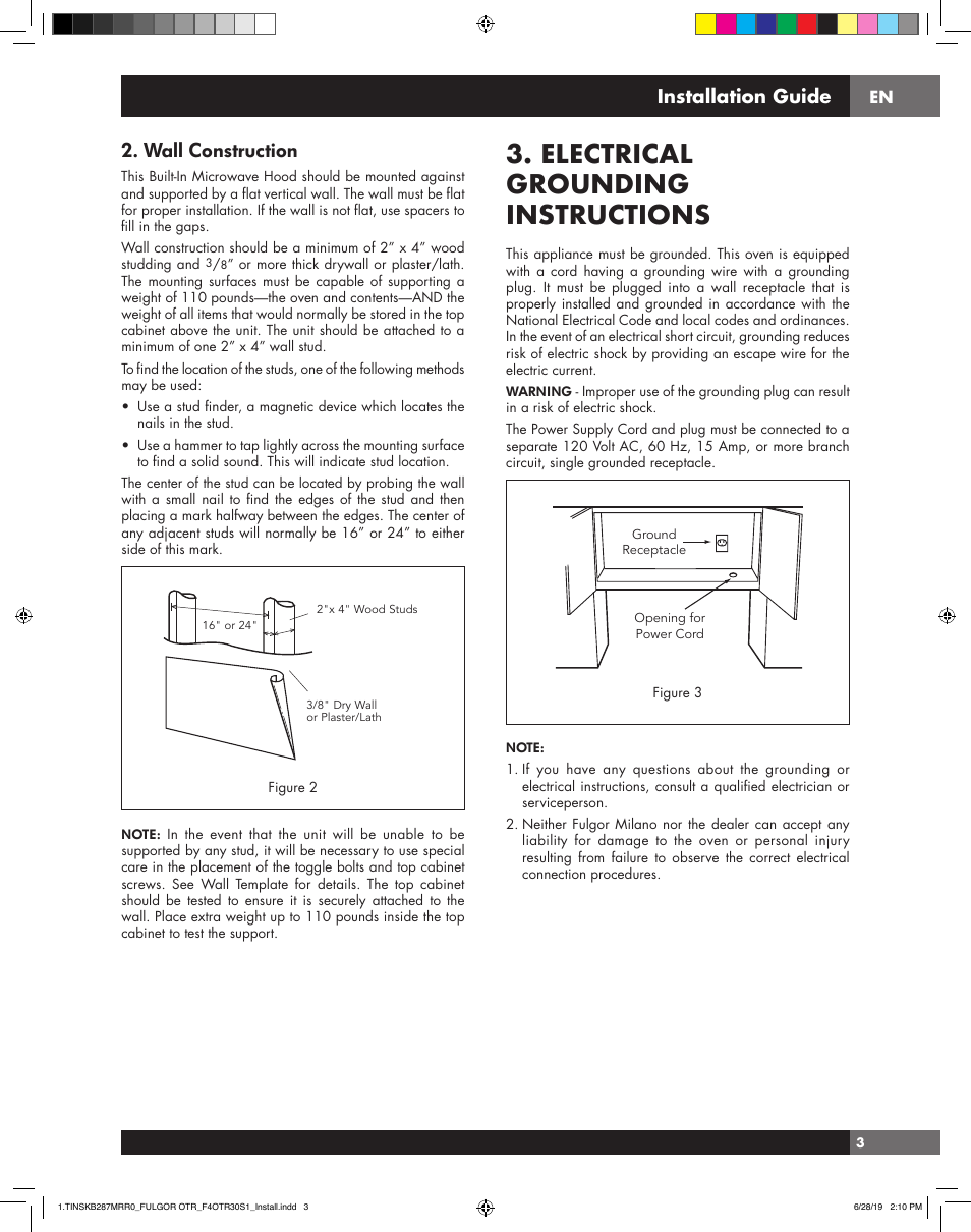 Electrical grounding instructions, Wall construction, Installation guide | Fulgor Milano 30 Inch Over-the-Range Microwave Oven Installation Guide User Manual | Page 3 / 24