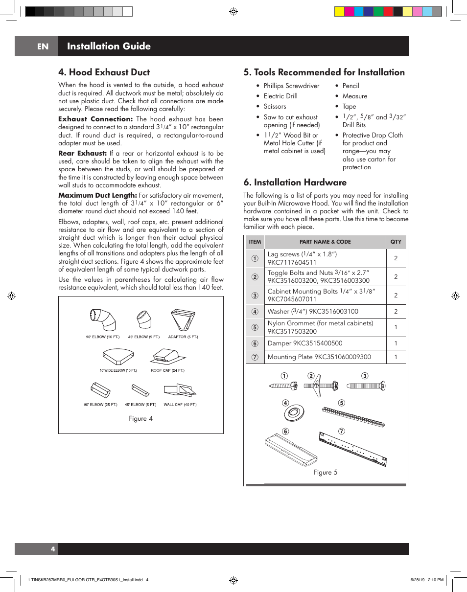 Hood exhaust duct, Tools recommended for installation, Installation hardware | Installation guide | Fulgor Milano 30 Inch Over-the-Range Microwave Oven Installation Guide User Manual | Page 4 / 24