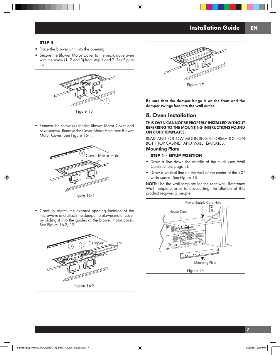 Oven installation, Installation guide, Mounting plate | Fulgor Milano 30 Inch Over-the-Range Microwave Oven Installation Guide User Manual | Page 7 / 24