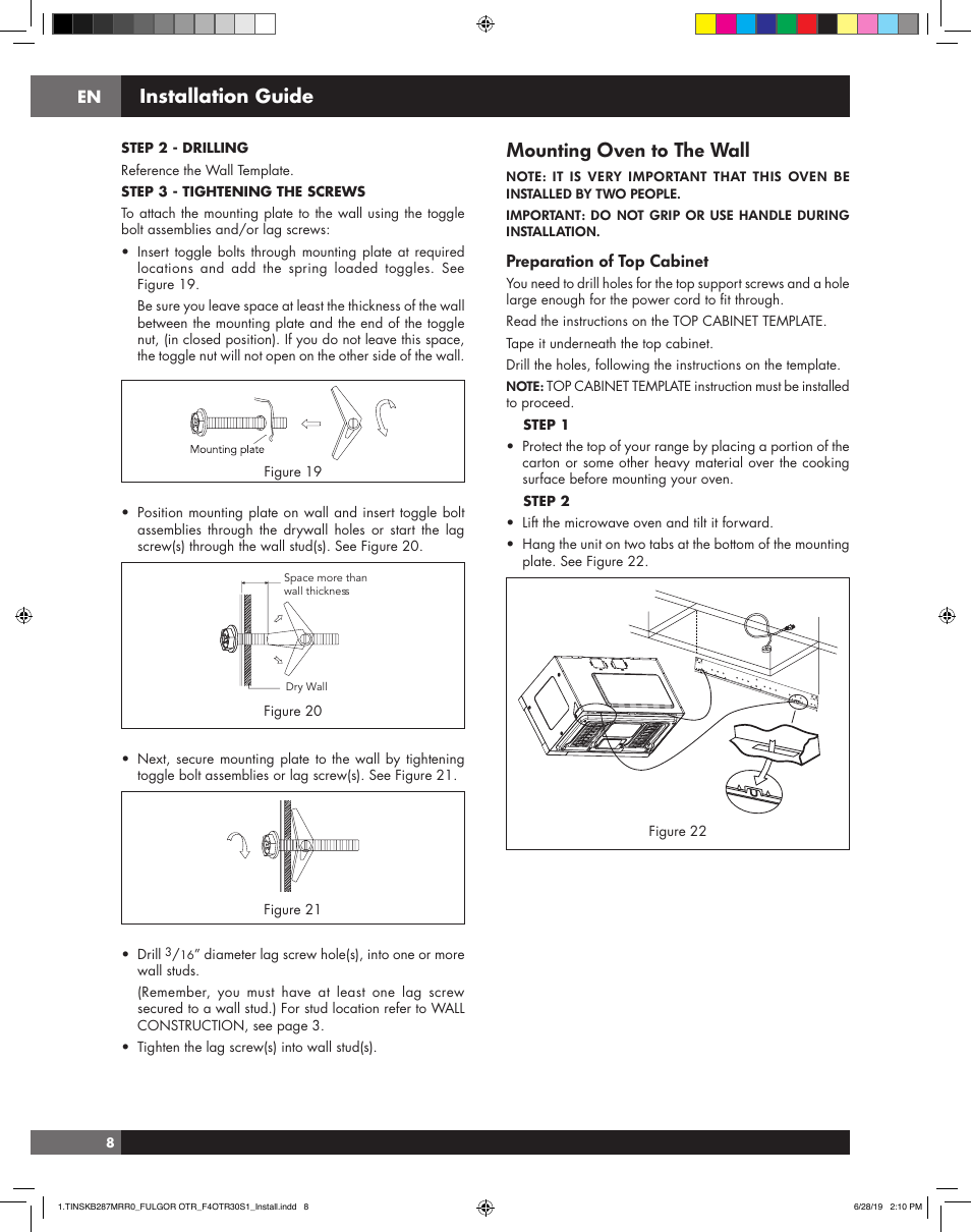 Mounting oven to the wall, Installation guide, Preparation of top cabinet | Fulgor Milano 30 Inch Over-the-Range Microwave Oven Installation Guide User Manual | Page 8 / 24