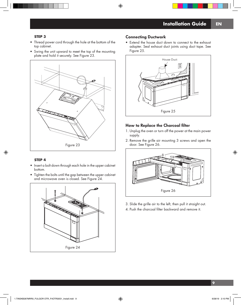 Installation guide, Connecting ductwork, How to replace the charcoal filter | Fulgor Milano 30 Inch Over-the-Range Microwave Oven Installation Guide User Manual | Page 9 / 24