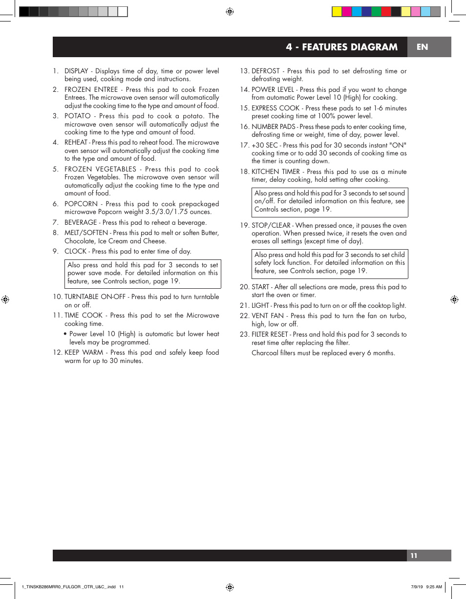 4 - features diagram | Fulgor Milano 30 Inch Over-the-Range Microwave Oven Use and Care Manual User Manual | Page 11 / 76