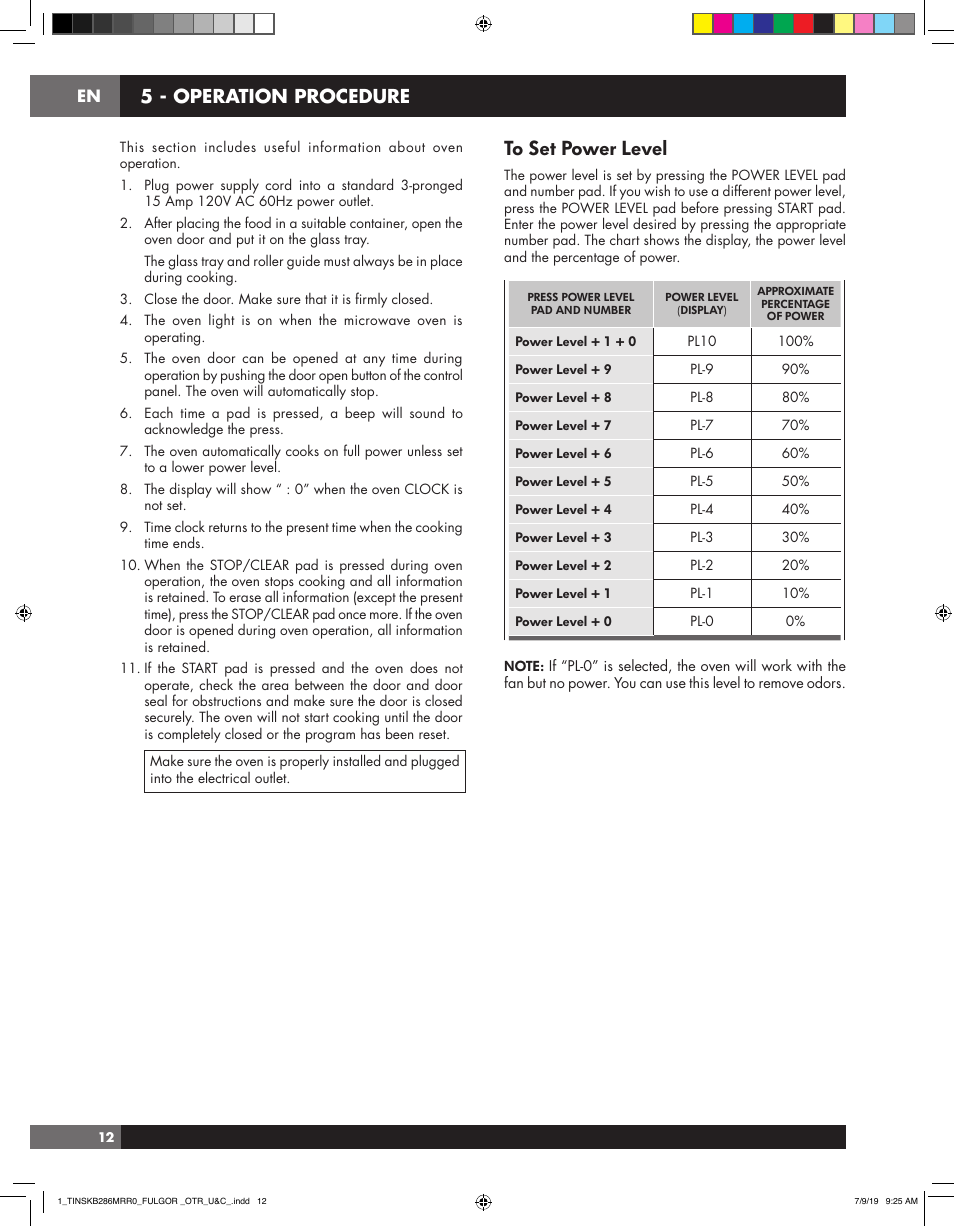 5 - operation procedure | Fulgor Milano 30 Inch Over-the-Range Microwave Oven Use and Care Manual User Manual | Page 12 / 76