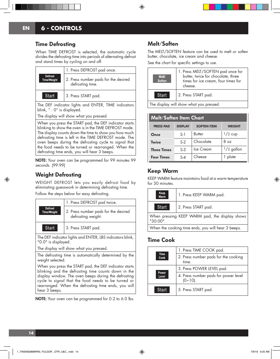 Time defrosting, Weight defrosting, Melt/soften | Keep warm, Time cook, 6 - controls, Melt/soften item chart | Fulgor Milano 30 Inch Over-the-Range Microwave Oven Use and Care Manual User Manual | Page 14 / 76