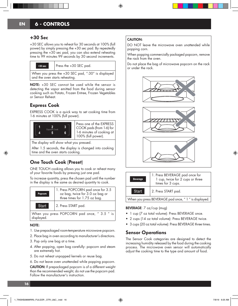 30 sec, Express cook, One touch cook (preset) | Sensor operations, 6 - controls | Fulgor Milano 30 Inch Over-the-Range Microwave Oven Use and Care Manual User Manual | Page 16 / 76