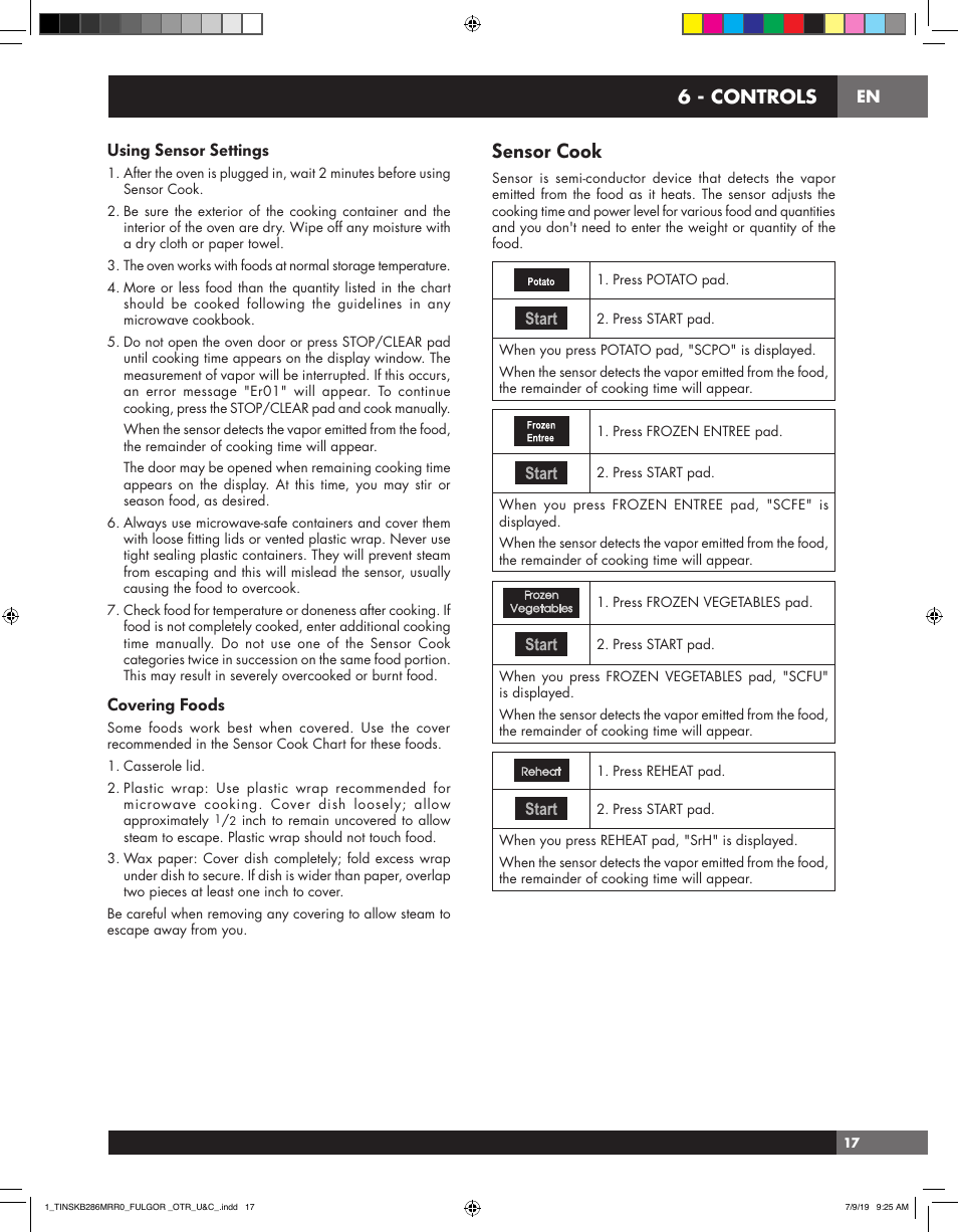 Sensor cook, 6 - controls, Using sensor settings | Covering foods | Fulgor Milano 30 Inch Over-the-Range Microwave Oven Use and Care Manual User Manual | Page 17 / 76