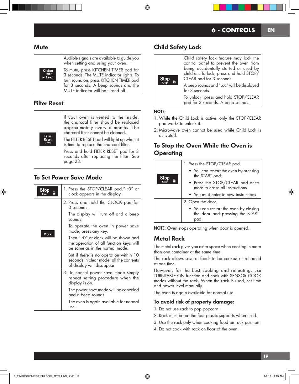 Mute, Filter reset, Child safety lock | Metal rack, 6 - controls | Fulgor Milano 30 Inch Over-the-Range Microwave Oven Use and Care Manual User Manual | Page 19 / 76
