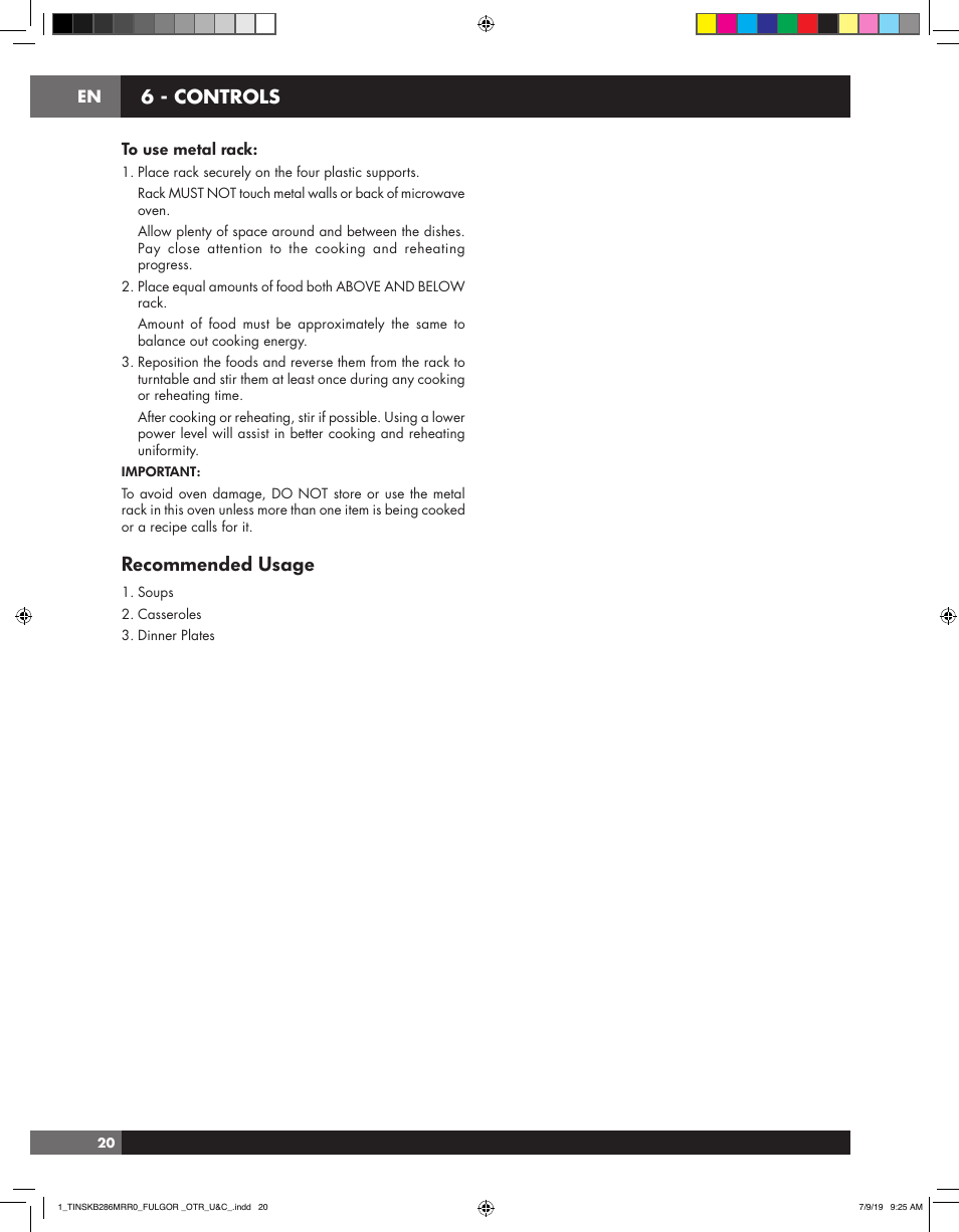 Recommended usage, 6 - controls | Fulgor Milano 30 Inch Over-the-Range Microwave Oven Use and Care Manual User Manual | Page 20 / 76