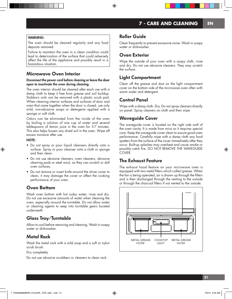 Microwave oven interior, Oven bottom, Glass tray/turntable | Metal rack, Roller guide, Oven exterior, Light compartment, Control panel, Waveguide cover, The exhaust feature | Fulgor Milano 30 Inch Over-the-Range Microwave Oven Use and Care Manual User Manual | Page 21 / 76