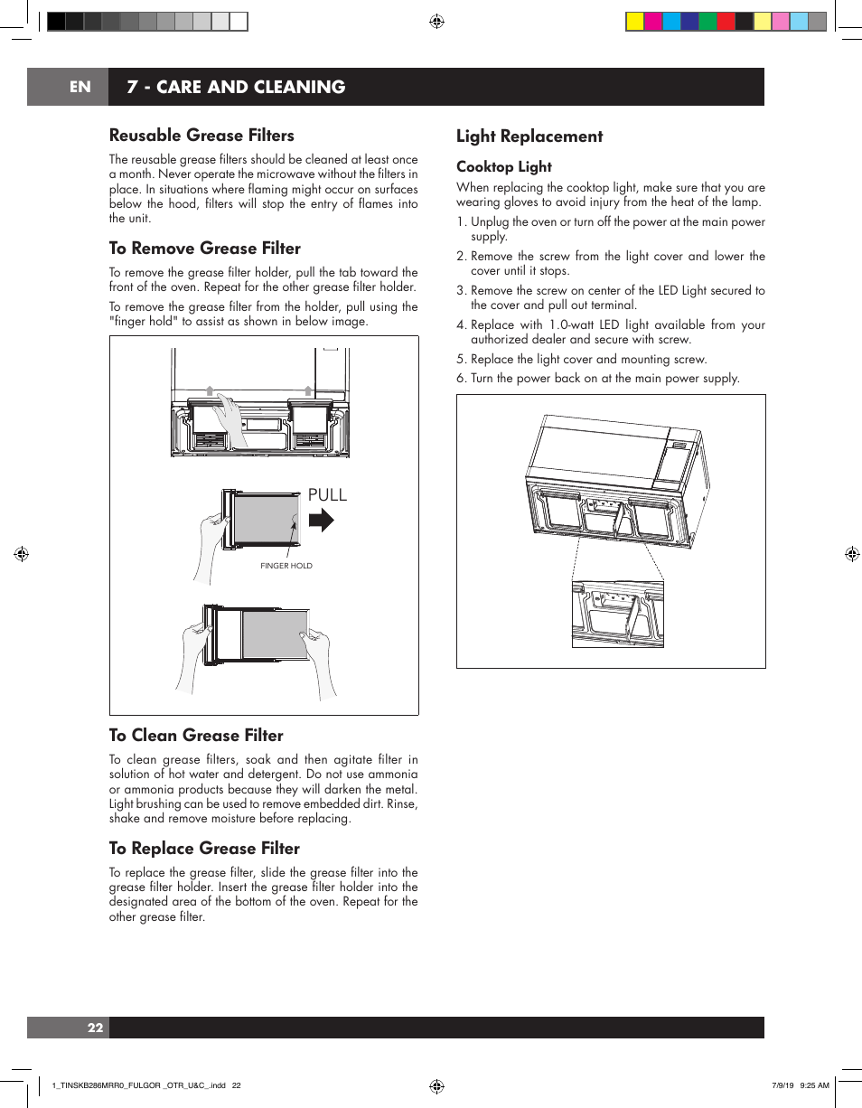 Light replacement, Reusable grease filters, Pull | 7 - care and cleaning | Fulgor Milano 30 Inch Over-the-Range Microwave Oven Use and Care Manual User Manual | Page 22 / 76