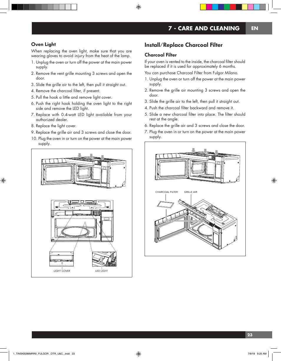 Install/replace charcoal filter, 7 - care and cleaning, Oven light | Charcoal filter | Fulgor Milano 30 Inch Over-the-Range Microwave Oven Use and Care Manual User Manual | Page 23 / 76