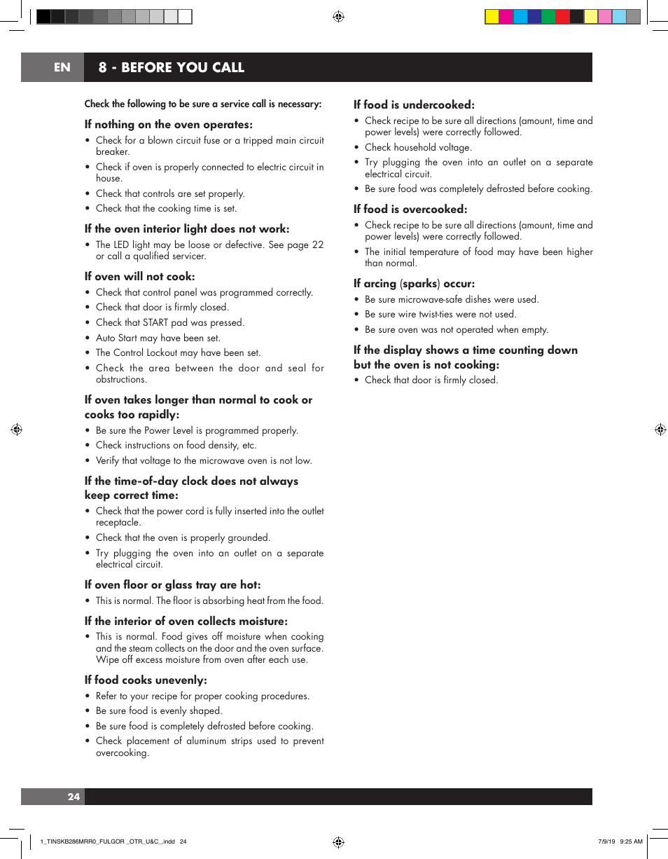 8 - before you call | Fulgor Milano 30 Inch Over-the-Range Microwave Oven Use and Care Manual User Manual | Page 24 / 76