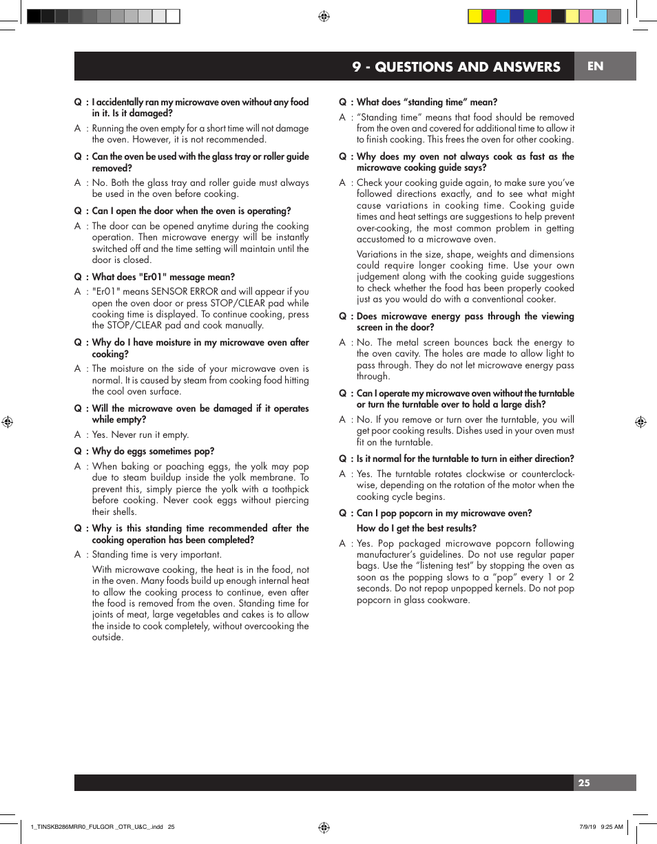 9 - questions and answers | Fulgor Milano 30 Inch Over-the-Range Microwave Oven Use and Care Manual User Manual | Page 25 / 76