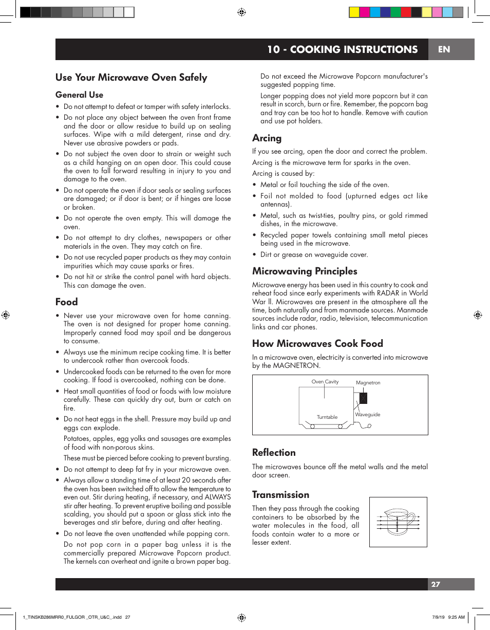 Use your microwave oven safely, Food, Arcing | Microwaving principles, How microwaves cook food, Reflection, Transmission, 10 - cooking instructions, General use | Fulgor Milano 30 Inch Over-the-Range Microwave Oven Use and Care Manual User Manual | Page 27 / 76