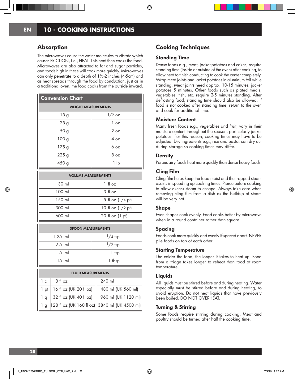 Absorption, Cooking techniques, 10 - cooking instructions | Conversion chart, Standing time, Moisture content, Density, Cling film, Shape, Spacing | Fulgor Milano 30 Inch Over-the-Range Microwave Oven Use and Care Manual User Manual | Page 28 / 76