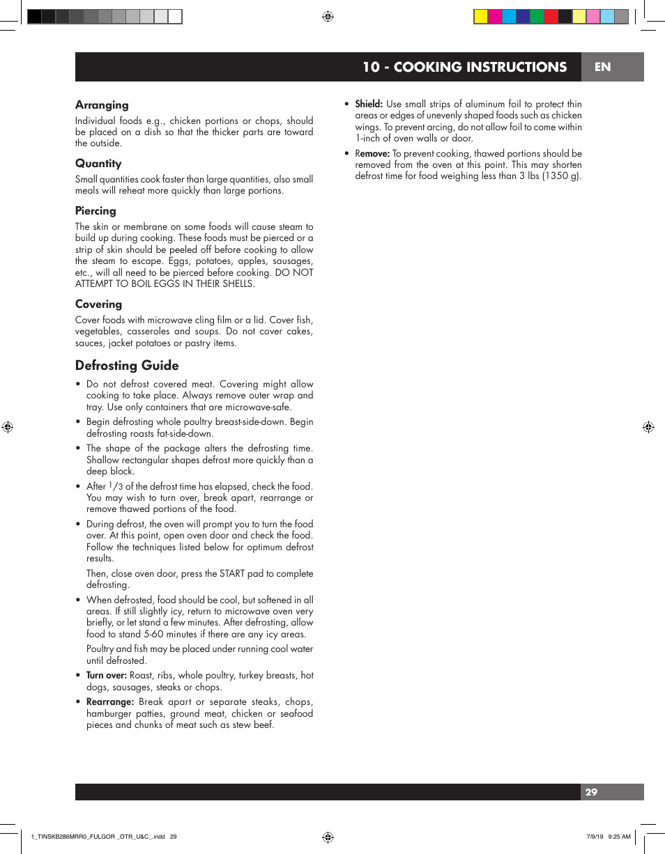 Defrosting guide, 10 - cooking instructions, Arranging | Quantity, Piercing, Covering | Fulgor Milano 30 Inch Over-the-Range Microwave Oven Use and Care Manual User Manual | Page 29 / 76