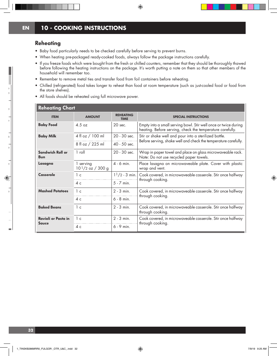 Reheating, 10 - cooking instructions, Reheating chart | Fulgor Milano 30 Inch Over-the-Range Microwave Oven Use and Care Manual User Manual | Page 32 / 76