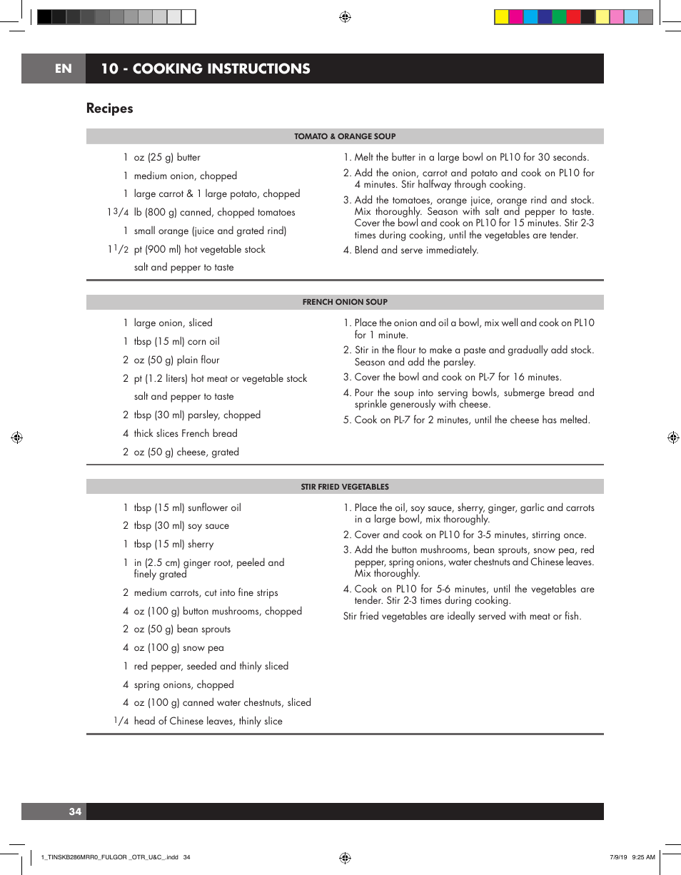 Recipes, 10 - cooking instructions | Fulgor Milano 30 Inch Over-the-Range Microwave Oven Use and Care Manual User Manual | Page 34 / 76