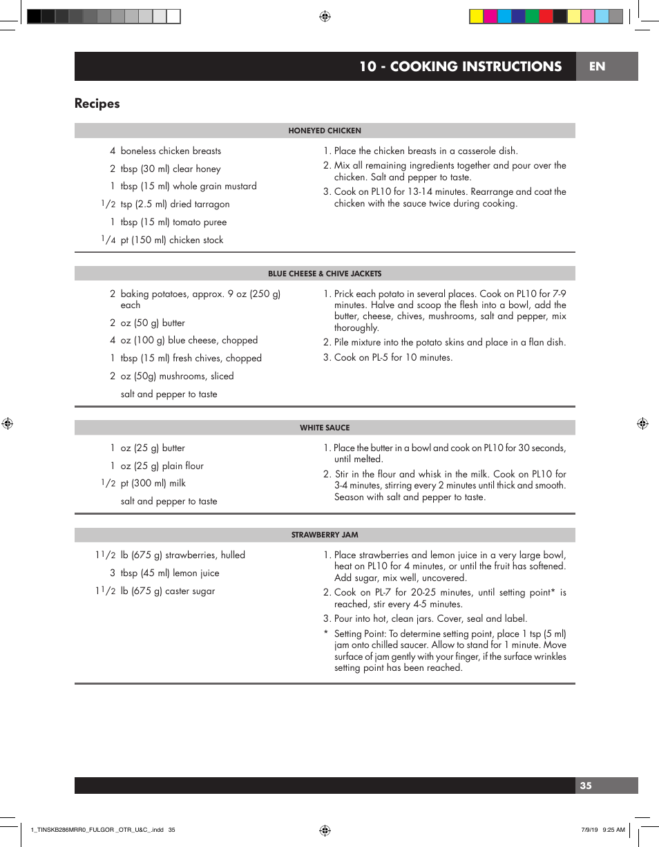 Recipes, 10 - cooking instructions | Fulgor Milano 30 Inch Over-the-Range Microwave Oven Use and Care Manual User Manual | Page 35 / 76
