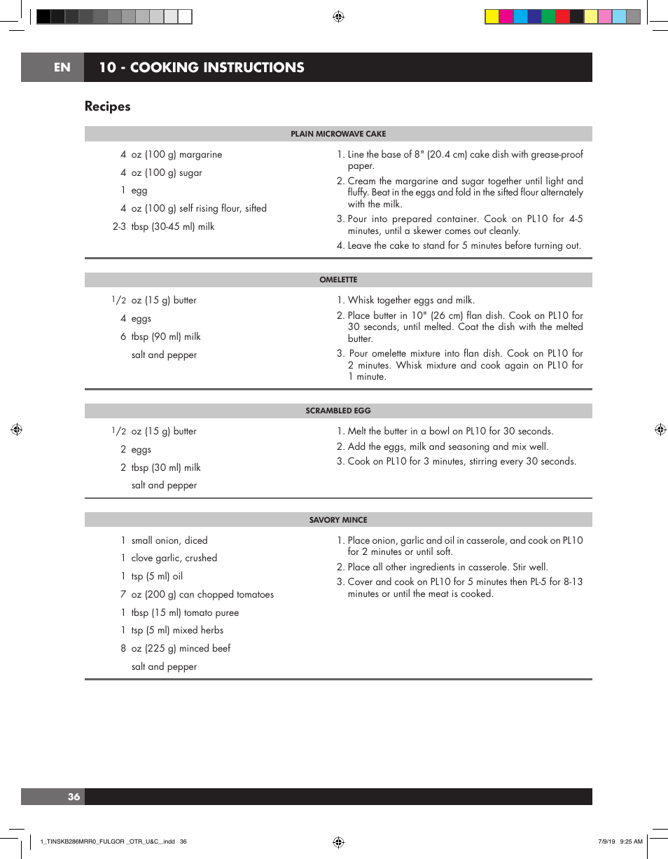 Recipes, 10 - cooking instructions | Fulgor Milano 30 Inch Over-the-Range Microwave Oven Use and Care Manual User Manual | Page 36 / 76