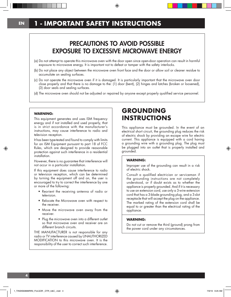 Grounding instructions | Fulgor Milano 30 Inch Over-the-Range Microwave Oven Use and Care Manual User Manual | Page 4 / 76